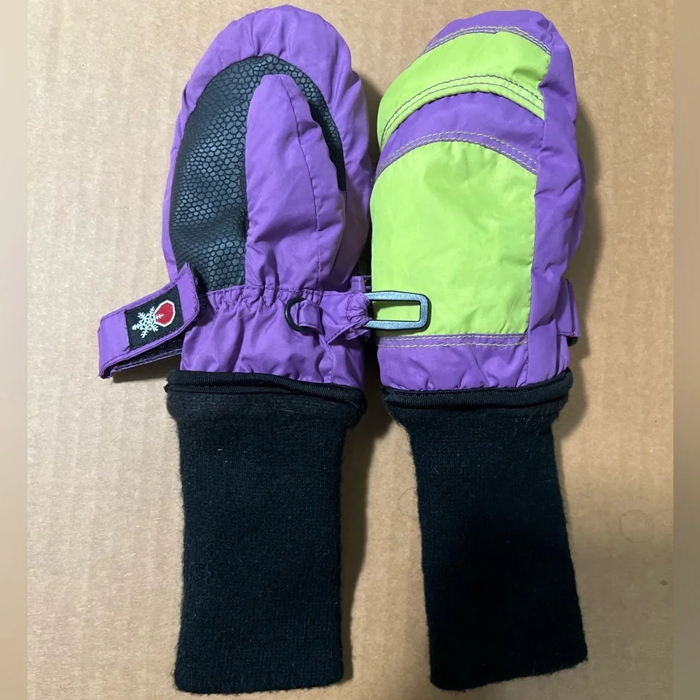 SnowStoppers Original Extended Cuff Kids Winter Snow Mittens. Purple w Green. S
